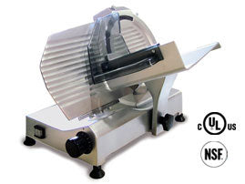 <img src="https://cdn.shopify.com/s/files/1/0084/6109/0875/products/250E_2.jpg?v=1572108654" alt="Omcan Meat Slicer, Carbon Steel Blade, Anodized Aluminum Body">